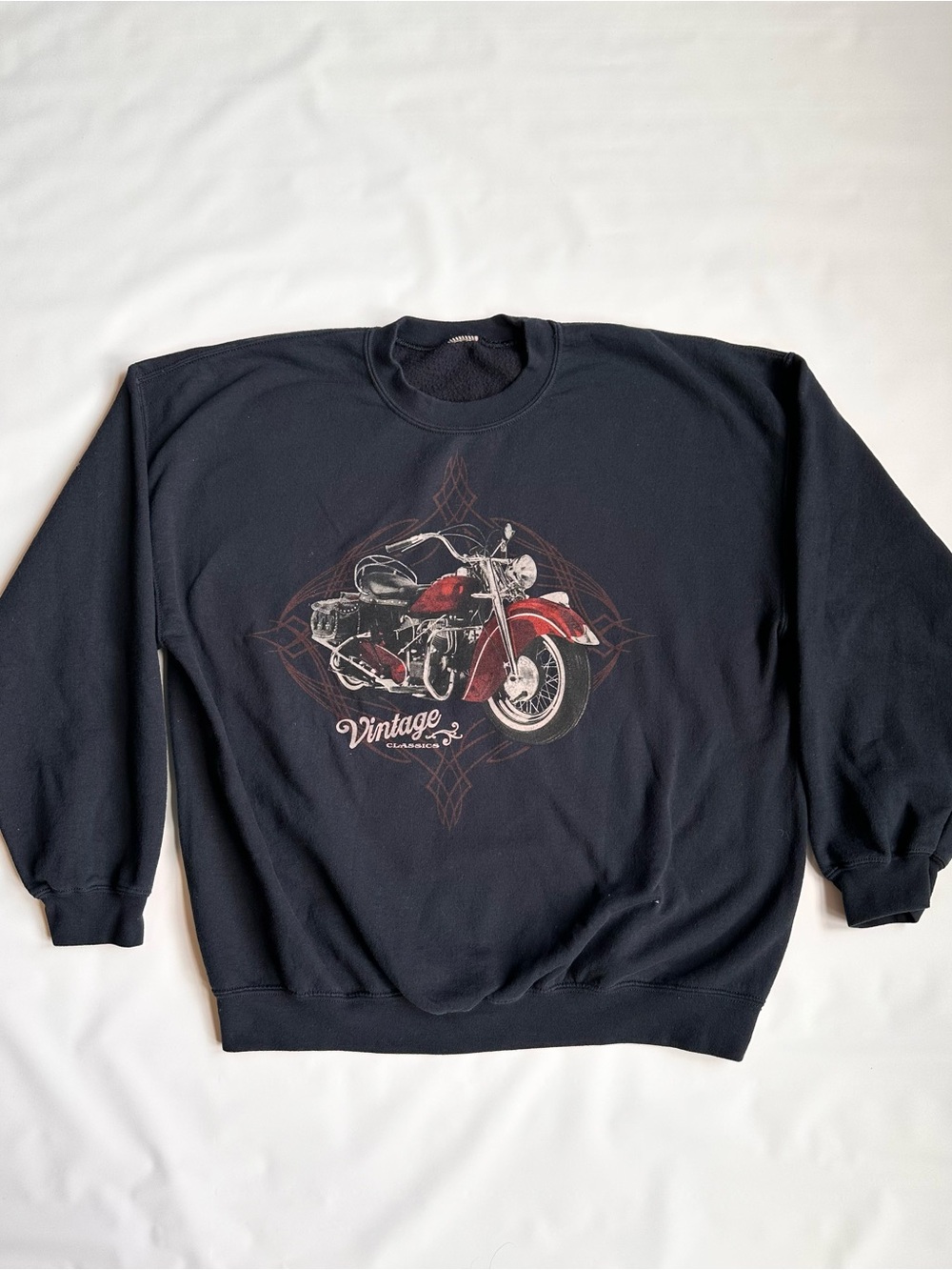 Crewneck Sweater with Red Motorcycle Graphic - Black